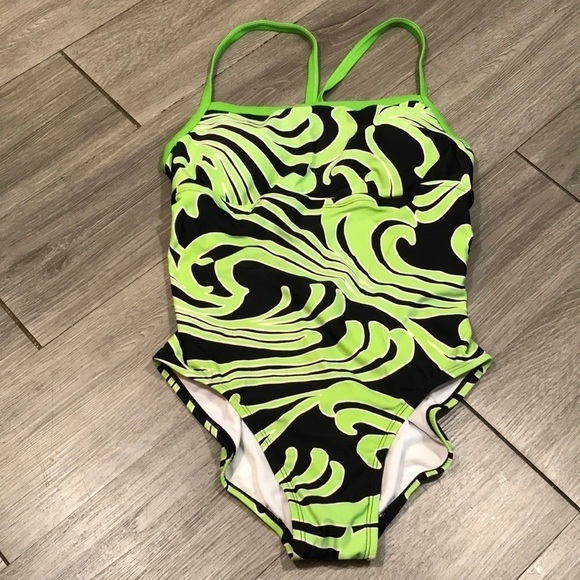Nike Racing Black, Lime, White Swirl Print One Piece Swimsuit size 10 - Picture 1 of 7